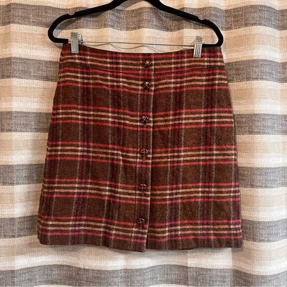 Talbots Pink And Brown Plaid Button Front Wool Blend Skirt Size 6P - Picture 1 of 6